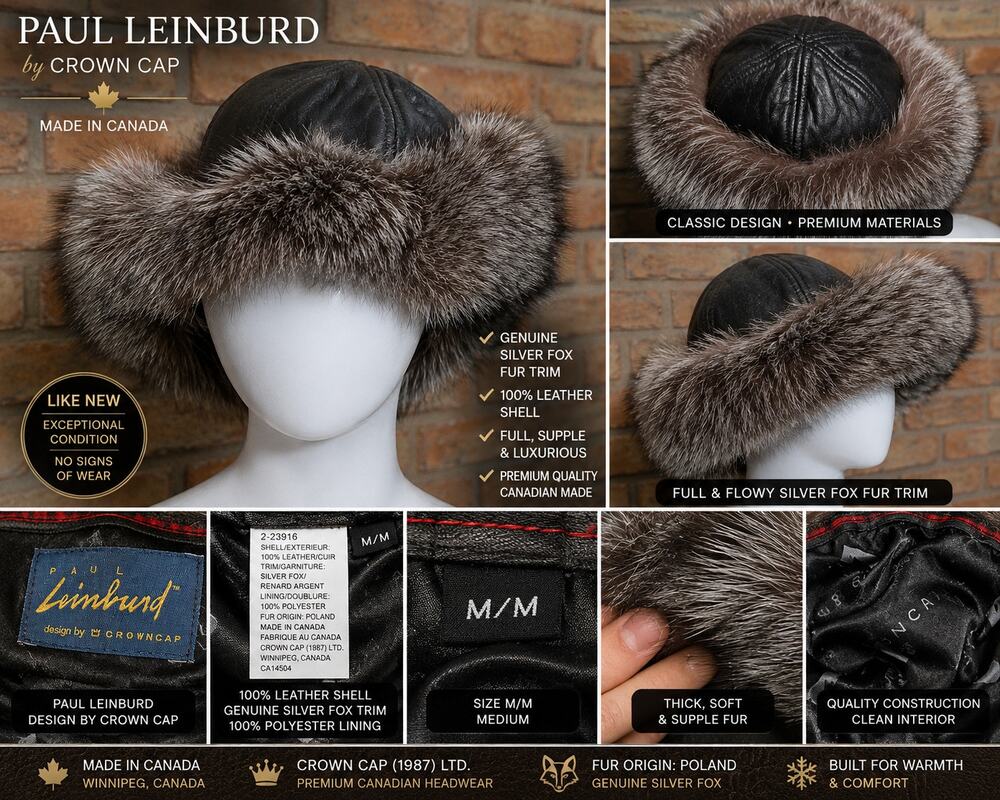 Paul Leinburd Crown Cap Silver Fox Fur Trim Leather Hat M/M Made In Canada